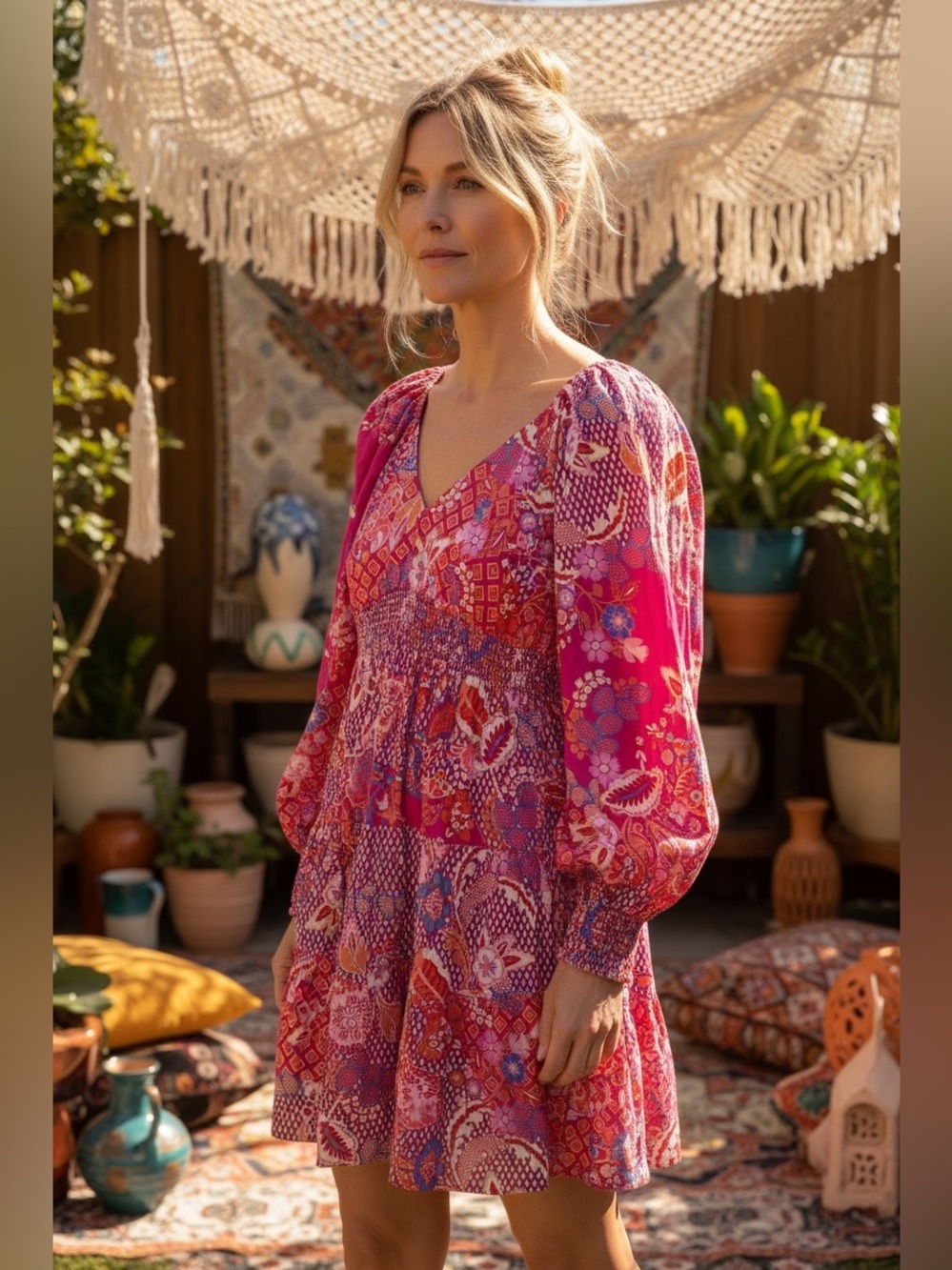 Hale Bob Pink Boho V-Neck Tiered Mini Dress
